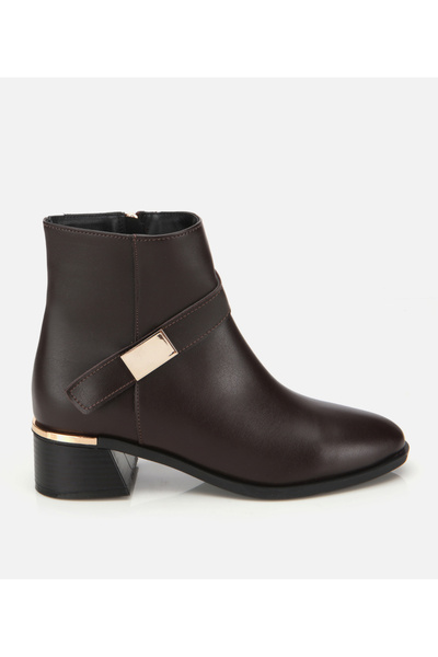Women's Brown Metal Detailed Ankle Flat Boots