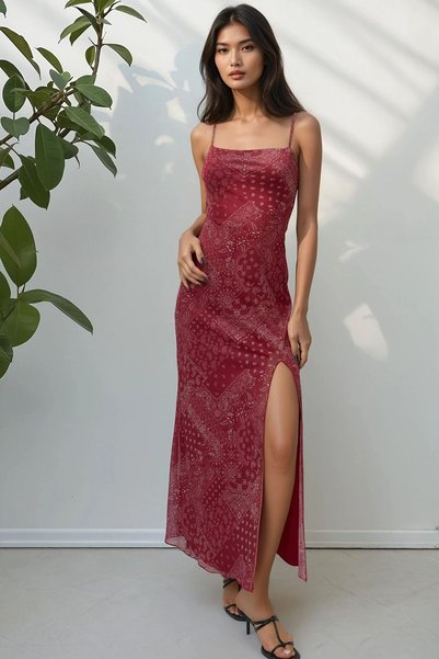 Square Neck Printed Midi Dress