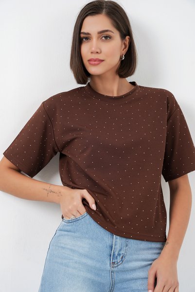 Women's Stone Detailed T-Shirt 990 - Brown