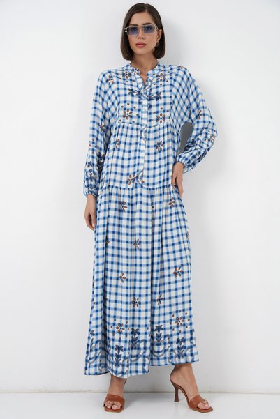 Women's Patterned Long Hijab Dress 2585 - A.Blue