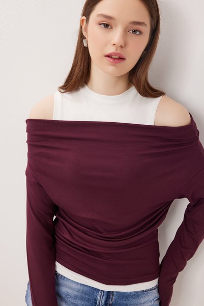 Open-Shoulder Athlete Knitted Blouse Lax0009 Mürdüm