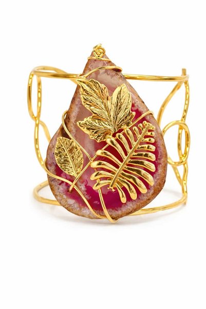 Handmade Slice Cut Pink Agate Natural Stone Gold Plated Brass Wire Wrapped Bracelet