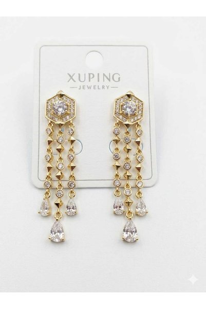 Gold Color Steel Stone Long Dangle Earrings