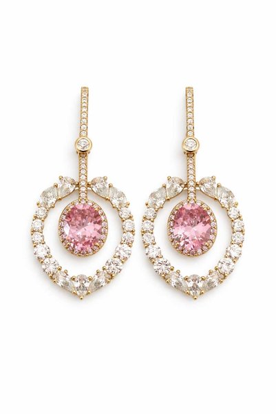 Steel Pink Stone Detailed Oval Design Dangle Women's Earrings