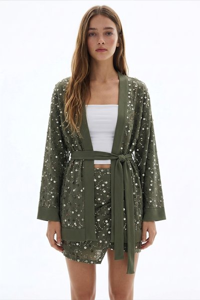 Sequin Embroidered Belted Short Kimono Khaki