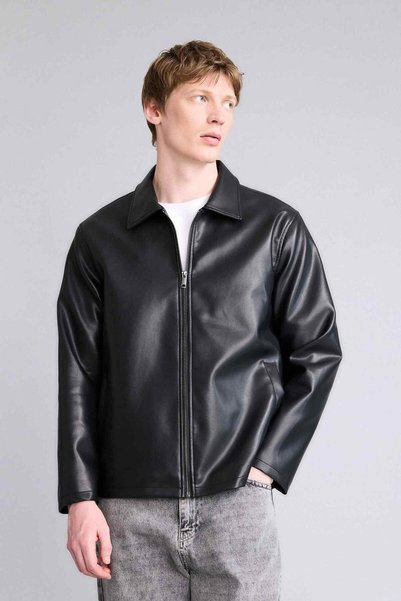 Regular Fit Shirt Collar Zipper Pocket Inside Pocket Seasonal Faux Leather Jacket Coat E8888Ax25Au