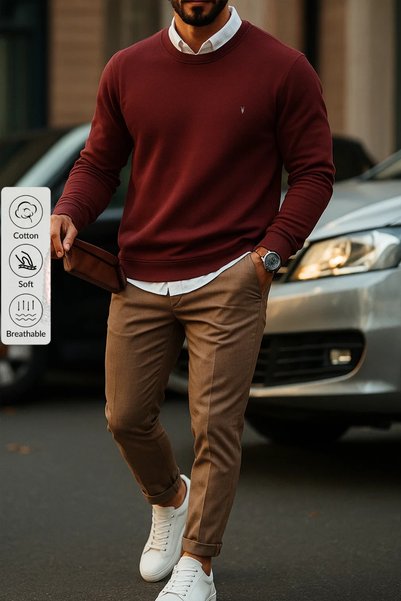 Men's Basic Crew Neck Claret Red Sweatshirt