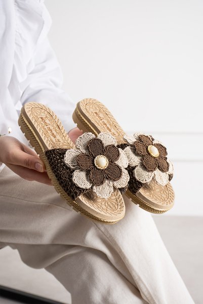 Brown Open-Front Floral Straw Knit Outdoor and House Slippers