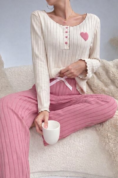 Embroidered Pink Cotton Heart Detailed Pajama Set