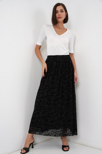Women's Flock Printed Lined Skirt 8069 - Black