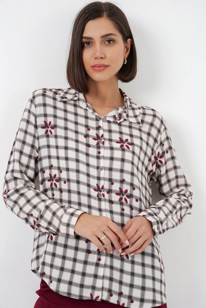 Women's Patterned Oversized Viscose Shirt 20371 - Black