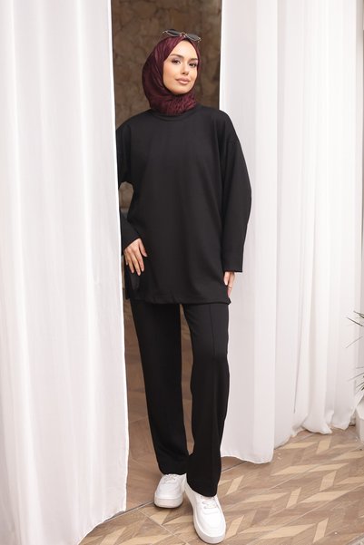 Anthracite Yanı Slit Tunic and Trousers Set