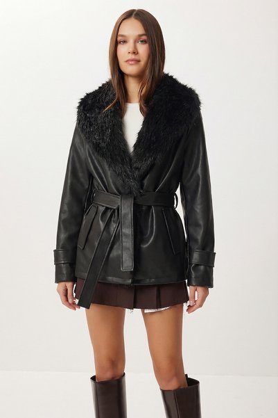 Fur Collared Belted Faux Leather Jacket Lax0006 Black