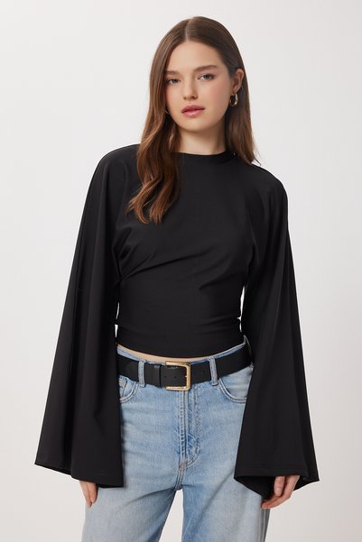 Spanish Sleeve Knitted Blouse Lrn0021 Black
