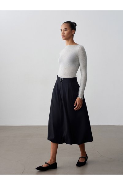 81075 Belt Balon Midi Skirt-Black