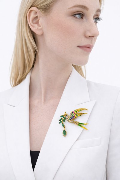 Colorful Bird Figured Stone Detail Brooch