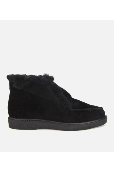 Women's Suede Leather Black Flat Boots with Fur Inside