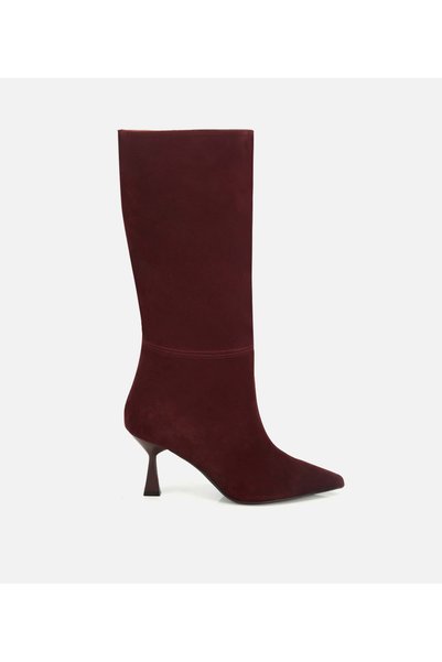 Women's Suede Leather Burgundy Stitched Detailed Heeled Boots