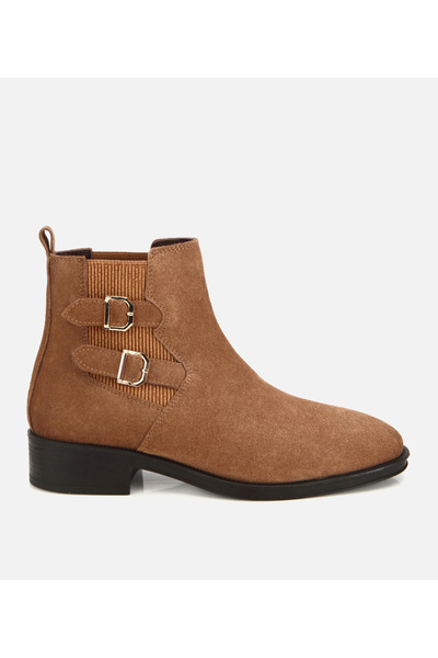 Women's Suede Leather Light Brown Buckle Rubber Detailed Flat Boots