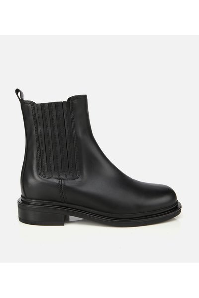 Women's Leather Black Rubber Detailed Ankle Flat Boots