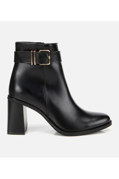 Women's Black Buckle Heeled Ankle Boots