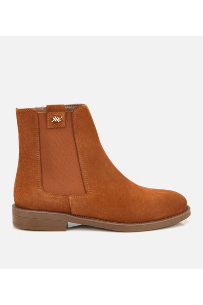 Women's Suede Leather Tan Rubber Detailed Ankle Flat Boots