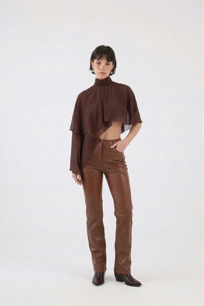 Women's Brown High Waist Leather Brushed Dolores Trousers