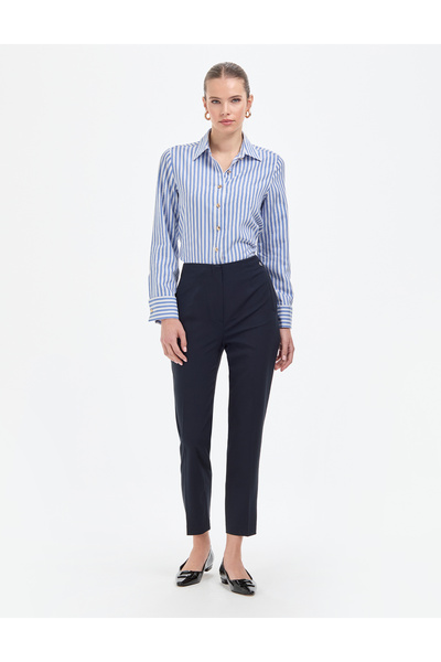 Navy Blue Carrot Fit Fabric Trousers 50318977-Vr033
