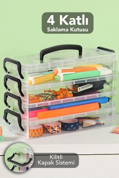 4-Tier Organizer Storage Box - Transparent Multi-Purpose Desktop Organizer Box with Locking Lid