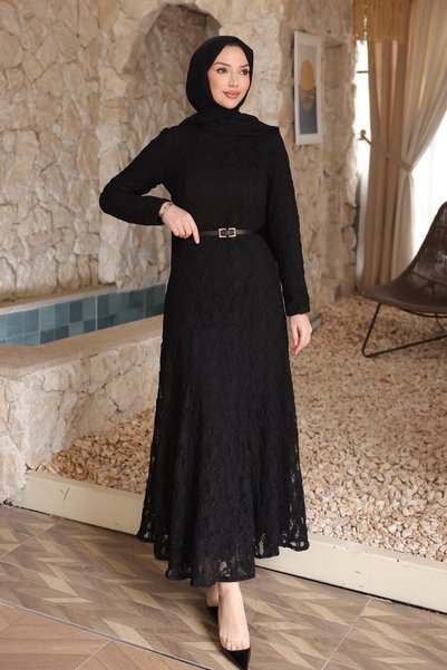 Black Belt Piece Lace Piece Lined Dress