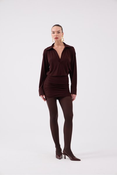 Skirt Ruched Detail Shirt Collar Jaida Dress Brown