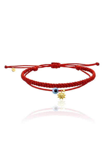 925 Sterling Silver Bracelet with Gold Plated Evil Eye Beaded and Sun Figures, Double Red String Bracelet - Ş