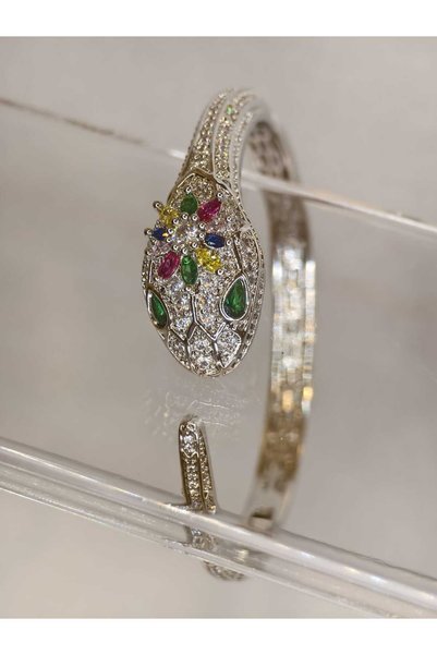 Colorful Zircon Stone Snake Figure Steel Women's Bracelet
