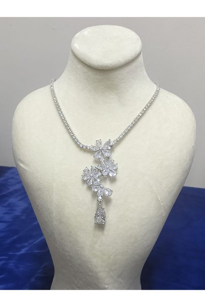 Steel Zircon Stone Flower Detailed Special Design Women's Necklace