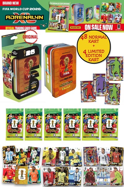 Светско првенство FIFA 2026 Panini Adrenalyn XL портокалова лимена кутија со фудбалски картички, метална кутија, 52 картички