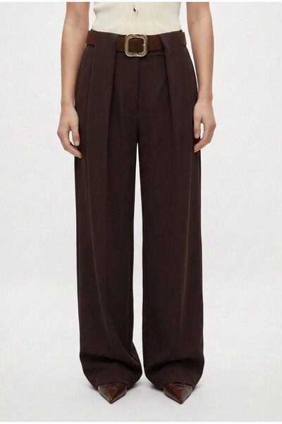 Women's Lora Belt Pack Front Pleated Wide Leg Woven Brown Trousers