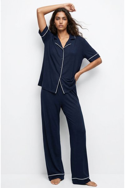 Navy Blue Shirt Collar Buttoned Ribbed Short-Sleeved Viscose Loose-Fit Pajama Set7828