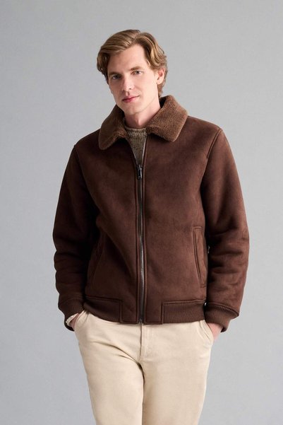 Warm Slim Fit Fur Lined Polo Collar Lined Suede Coat with Zipper Pockets A3869Ax25Wn