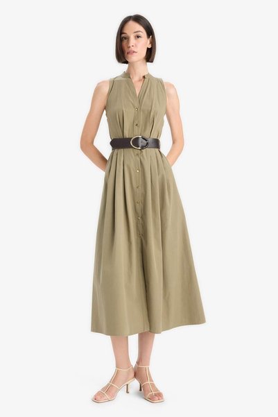 100% Cotton Regular Fit Short Sleeve Belted Sleeveless Midi Dress F7342Ax25Au