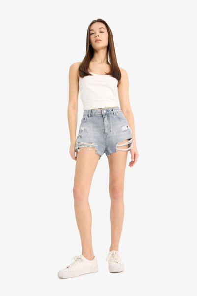 100% Cotton High Waist Cut-Off Hem Jean Shorts E4694Ax25Sm