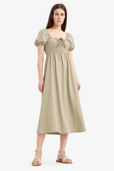Square Neck Crinkled Textured Short Sleeve Midi Dress E7609Ax25Sp