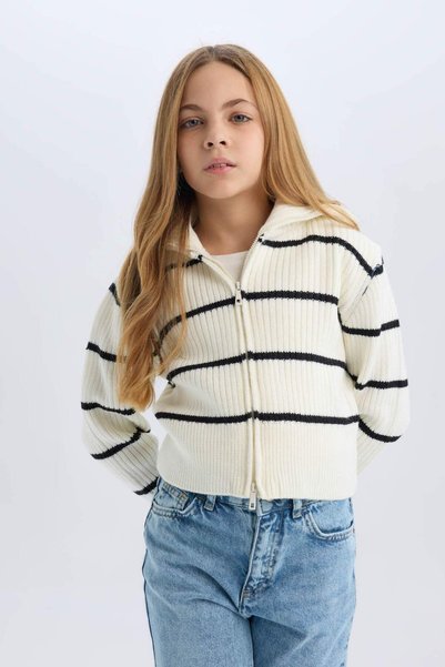 Striped Zippered Knitwear Cardigan for Girls D1387A824Wn