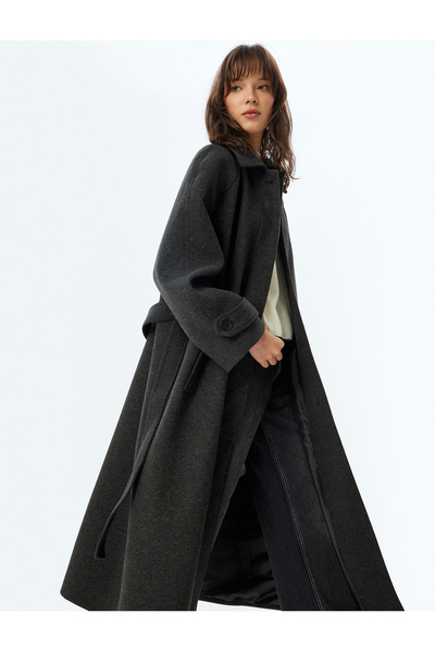 Double Breasted Extra Long Stamp Coat with Belt Detail and Pockets