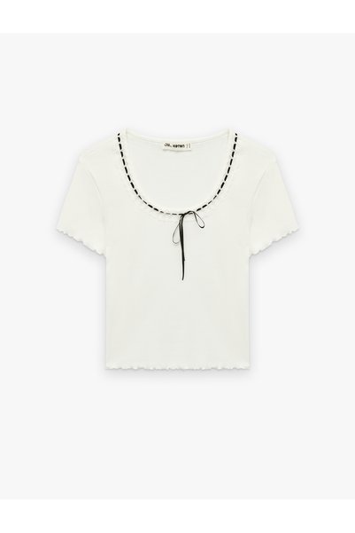 Cotton Pack U-Neck Short Sleeve Slim Fit Bow T-Shirt