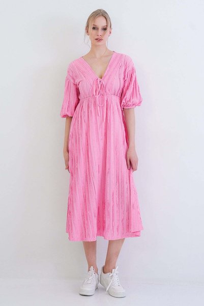 Pink V-Neck Tie Detailed Ruffle Fabric Maxi Length Dress Alc-X15413