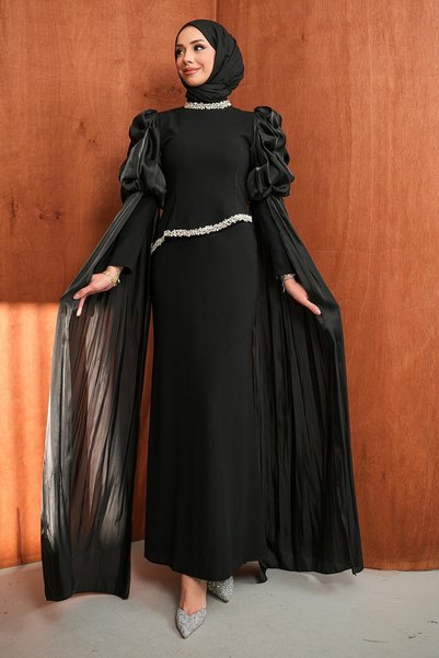 Black Evening Dress with Stone Sleeve Detail
