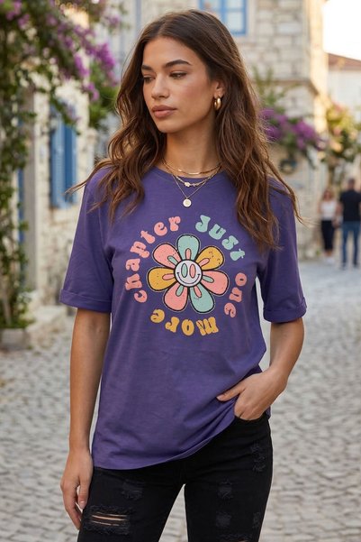 Women's Purple T-Shirt with Flowers on the Front and Slit Cotton on the Sides Arm-26Y137003