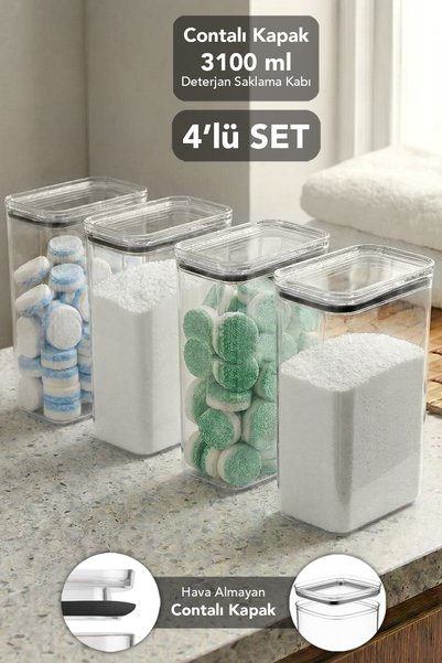 Set of 4 Pure Detergent Storage Boxes - Airtight Lid Dust and Tablet Detergent Storage Container 3.1 Lt