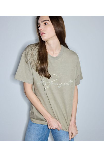 T-Shirt with Artificial Pearls and Slogan