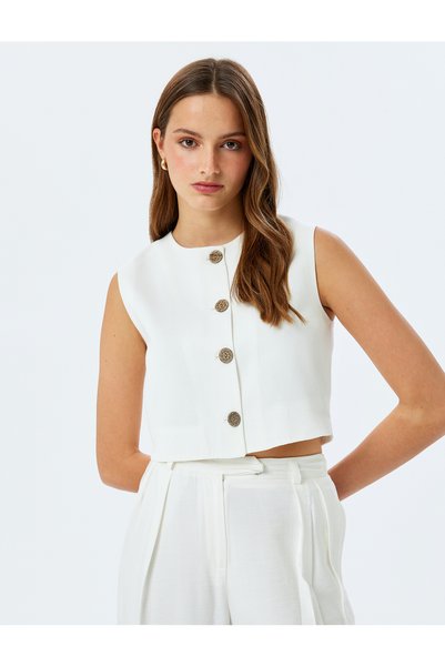 Linen Blended Buttoned Round Neck Crop Vest